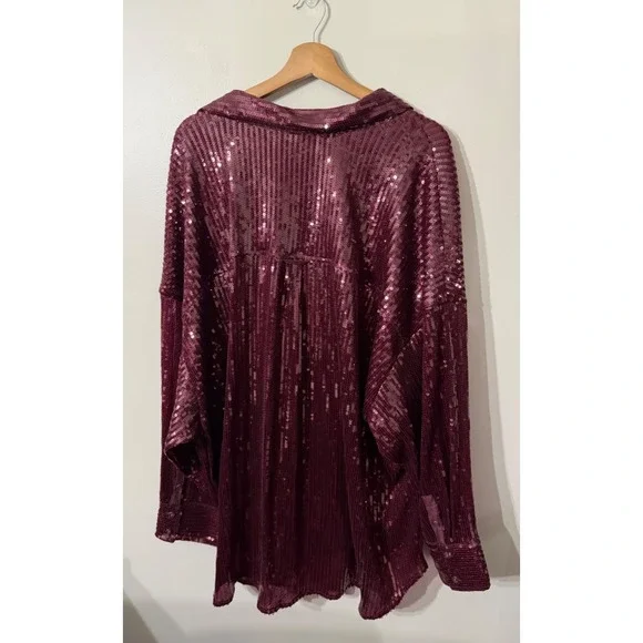 NWT Anthropologie Pilcro Sequin Buttondown‎ Shirt Plum 3X Top Party Holiday - Picture 2 of 9